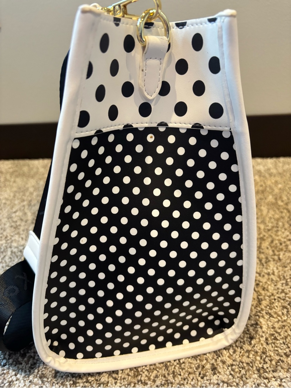 Betsey Johnson Black & White Polka Dot Tote with Pink Pom Charm - Picture 5 of 10